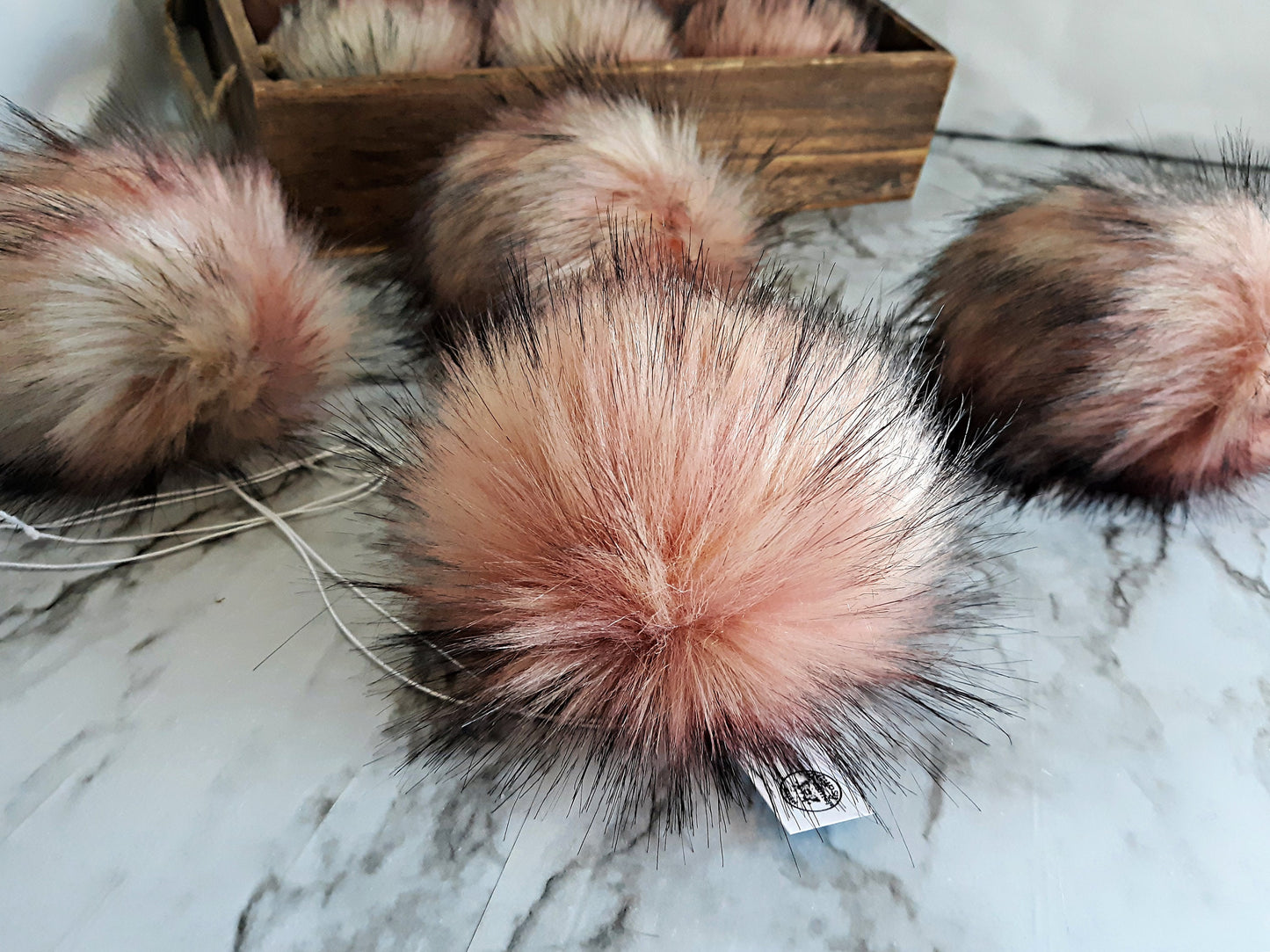 APOLLO Soft Pink Peach Grey Faux Fur Poms