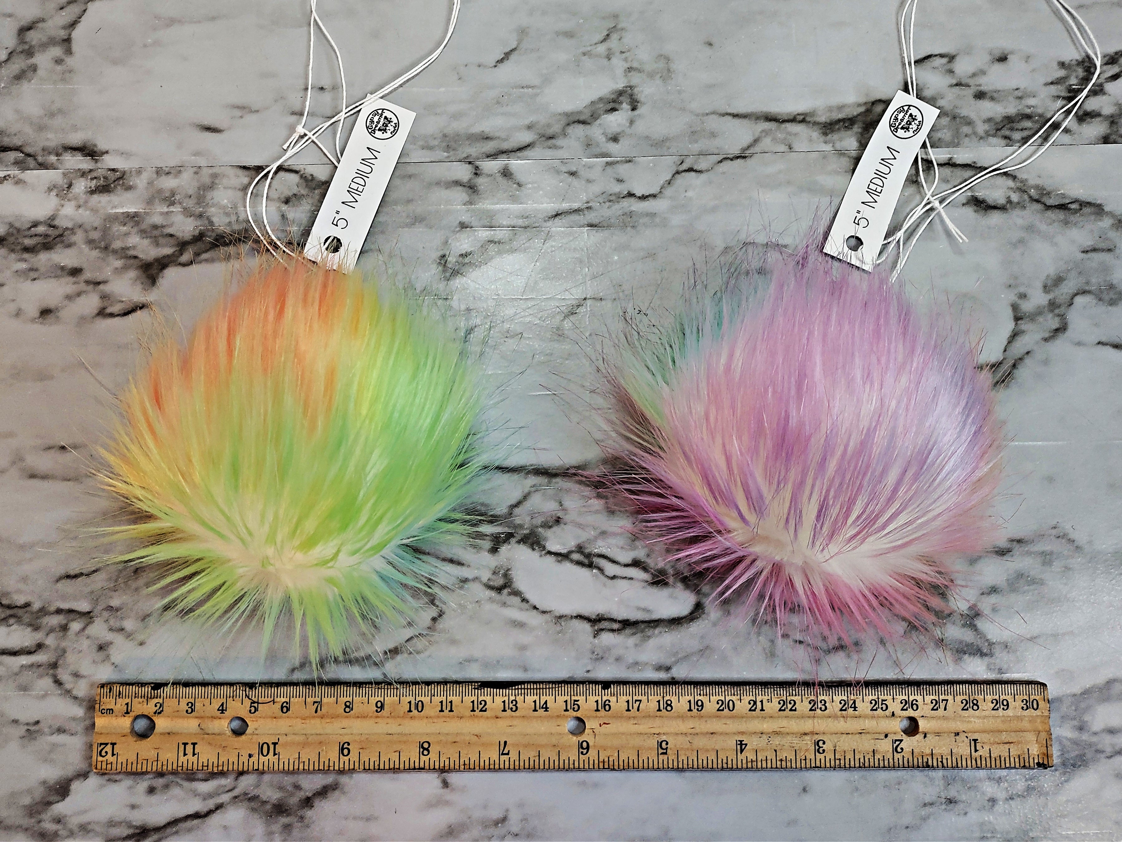 MADE TO ORDER Fun and funky rainbow blue purple faux fur pom pom with  wooden button